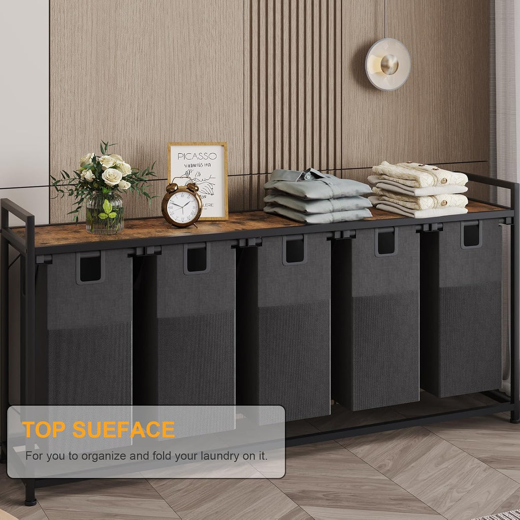 5 Bin Laundry Hamper w/Folding Table, Laundry Basket w/Removable Bags