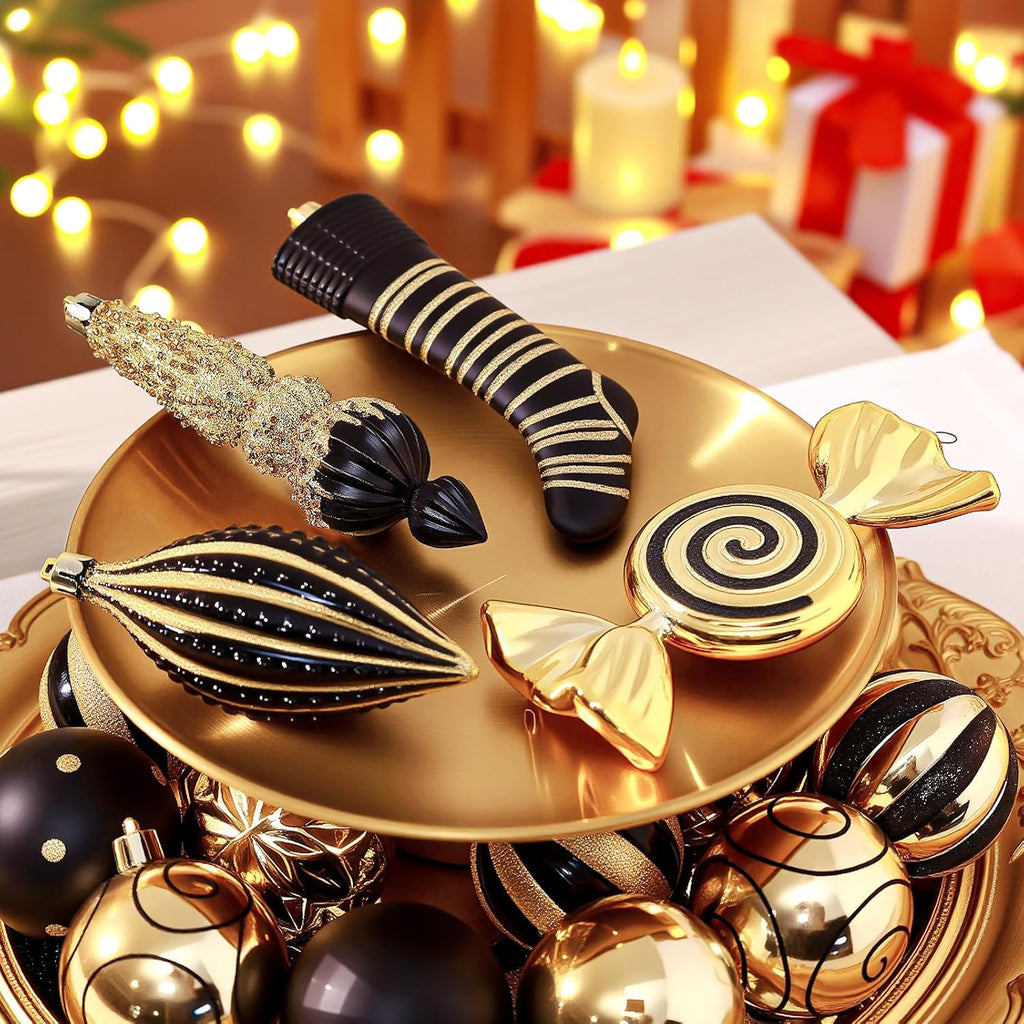 SHareconn 145pcs Christmas Balls Ornaments Set, Shatterproof Plastic Baubles Snowflakes, Xmas Tree Holiday Wedding Party Decorations with Hanging Strings, Gold and Black
