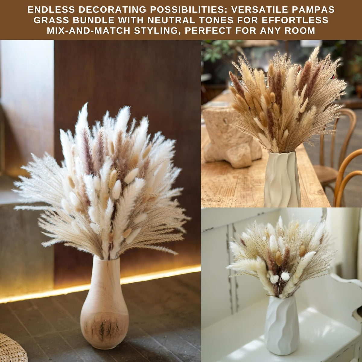 Dried Pampas Grass Decor, 115 PCS Dried Flowers Arrangements Contains Bunny Tails, Reed Grass Bouquet for Wedding. Boho Flower Home Table Decor, Rustic Farmhouse Party