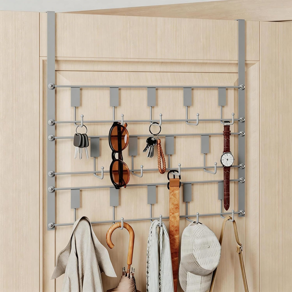 Over The Door Hooks for Hanging, 14 Hooks Over Door Coat Hanger, Coat Clothing Rack and Towel Rack for Bathroom Organizer, Door Hanger Organizer Kitchen, Bathroom Towel Storage Silver