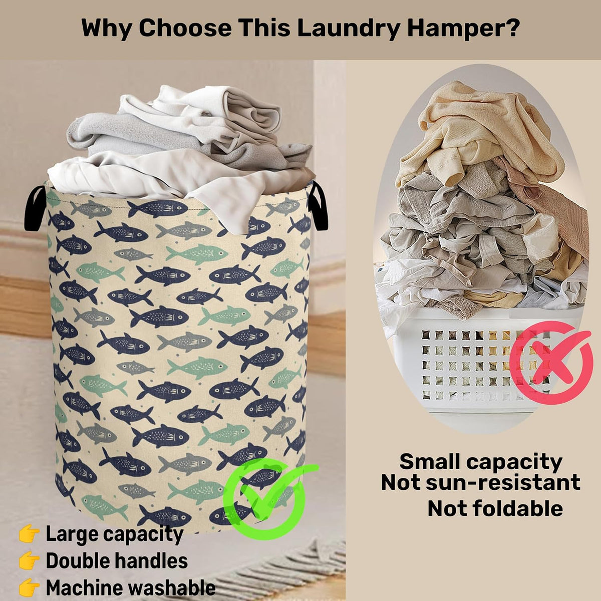Cute Japanese-Style Fish Foldable Laundry Hamper - Waterproof Fabric Storage Basket with Handles, Clothes Hampers for Laundry,Bedroom,Dorm