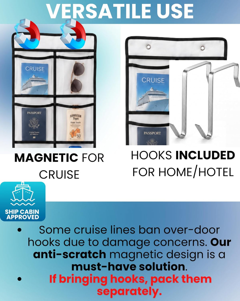 Magnetic Cruise Organizer 14 Pockets, 61" x 11,4" With Pocket Size 7" x 5,3" - Over The Door Organizer For Cruise Ships, Magnetic + Hook Mount, Large Durable Pockets for Cruise Essentials 2026