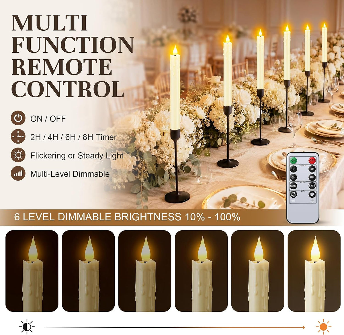 Enhon 6 Pack Flameless Taper Candles with Remote & Batteries, 10" Ivory LED Candle Sticks, 3D Wick & Wax Drip Design, 624+ Hour Battery Operated Candles for Home, Wedding & Christmas Decor