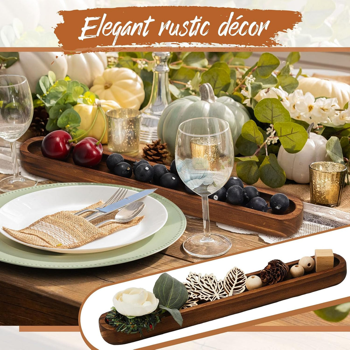 Thyle 8 Set Wooden Dough Bowls Decor 12 x 1.8 x 1 Inch Rustic Long Wood Trays Decorative Wooden Bowls Vintage Wood Trays Entry Table Decor for DIY Farmhouse Home Table Centerpiece Decoration