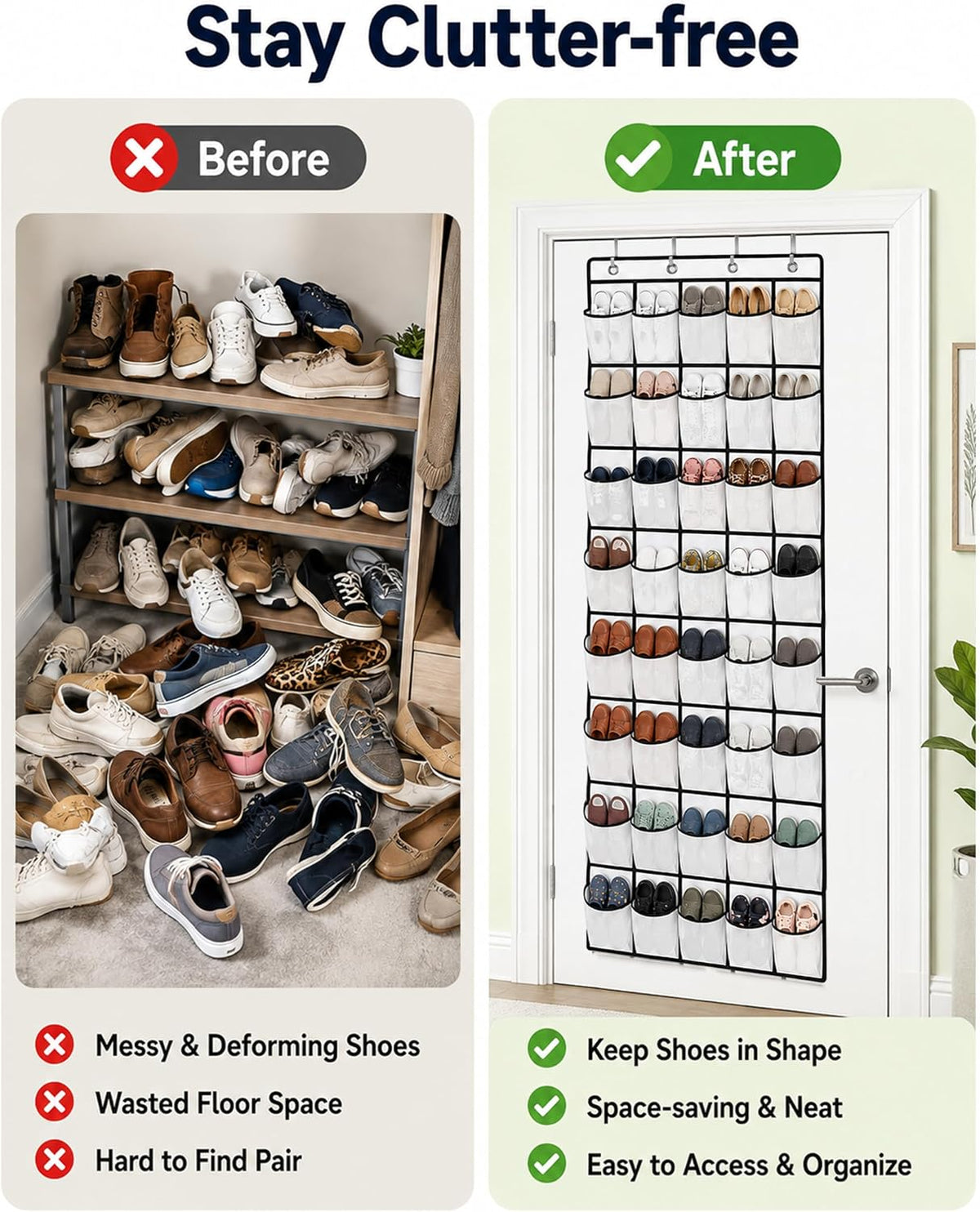 40 Pockets Over the Door Shoe Organizer, Reusable Large Capacity Breathable Mesh Pockets Shoe Holder, Space Saving Hanging Shoe Rack for Dorm Room Bedroom Entryway Closet Storage (White, 40 Pockets)