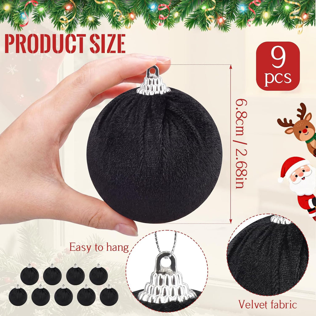 Woration 9 Pcs Black Velvet Christmas Balls 2.36" Xmas Tree Hanging Ball