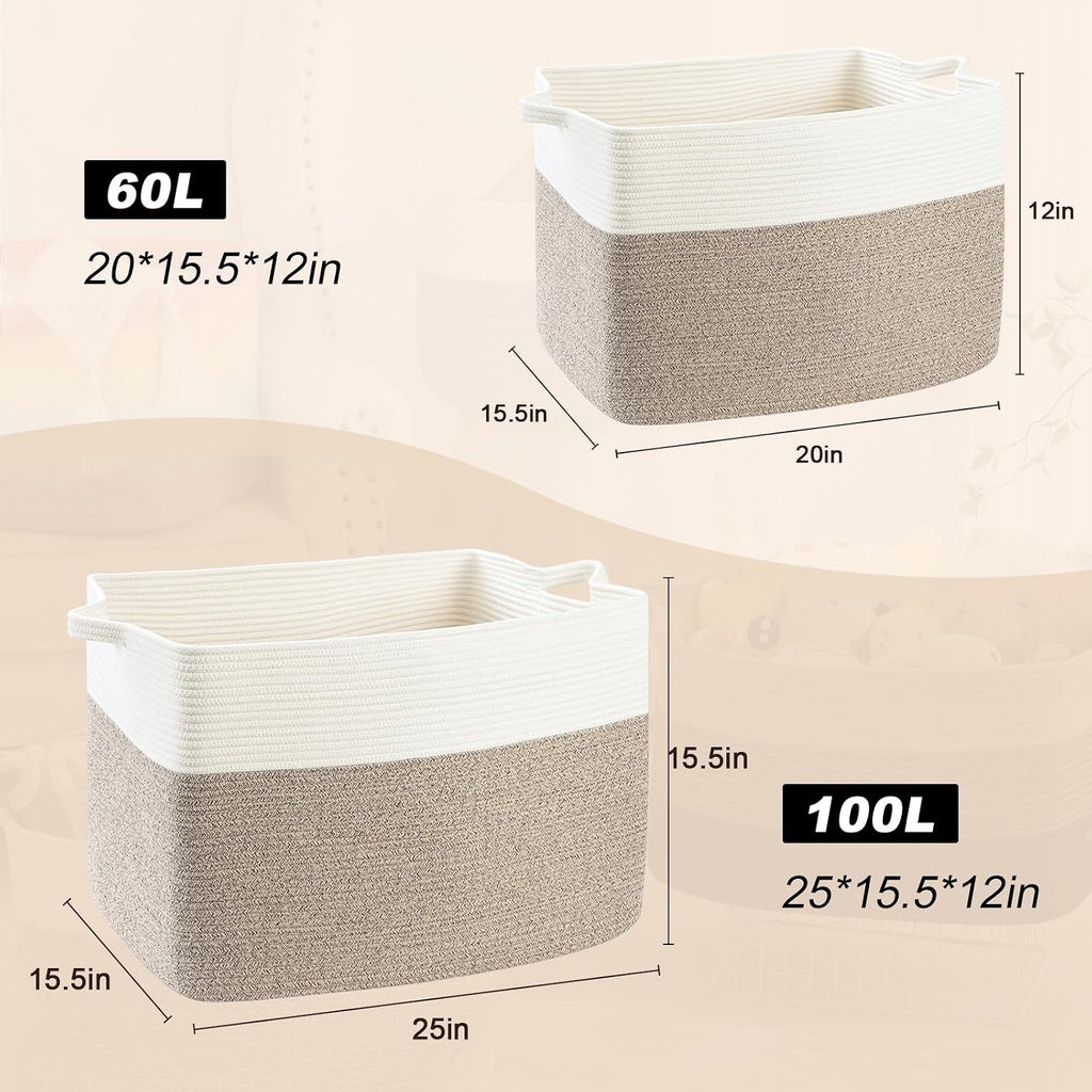 Large Blanket Basket, 100L Storage Baskets for Organizing, Woven Laundry Basket for Blankets, Cotton rope Blanket Storage for Living Room, Nursery Room, 24.8" L x 15.74" W x 15.74" H, Brown