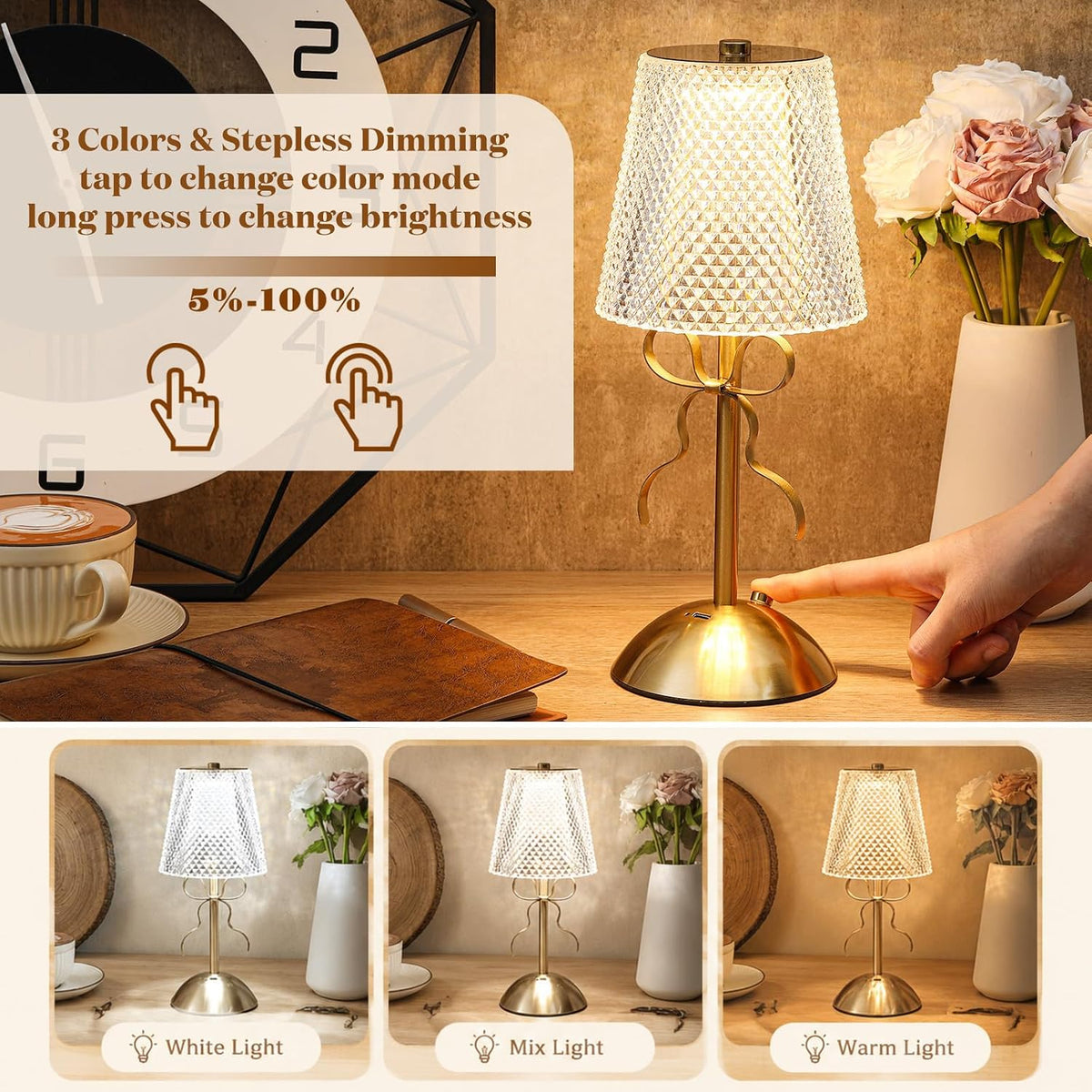 Liliful 2 Pcs Cordless Table Lamp LED Touch, Gold, Crystal Cut Style Bow