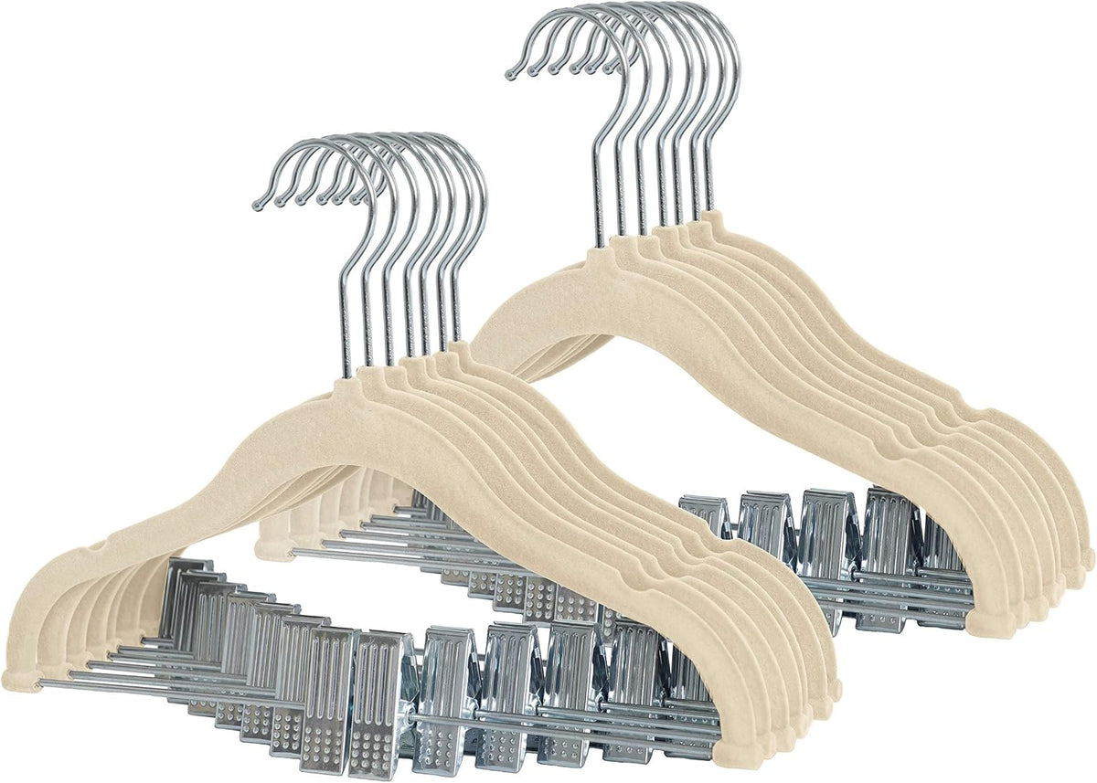 Finnhomy Non-Slip Clothes Hangers for Baby and Kids 20-Pack Velvet Hangers with Movable Clips, Heavy-Duty and Space-Saving for Pants,Skirts, Coat, Beige