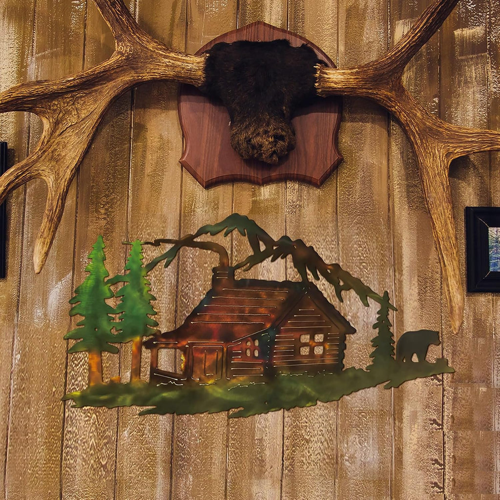MorningRo Metal Cabin Bear Wall Art Farmhouse Forest Mountain Lodge Wall Decor Rustic Animal Hunting Decor Cabin Decorations Bear Lover Gifts for Home Bedroom Decoration, 13.78 x 7 Inch
