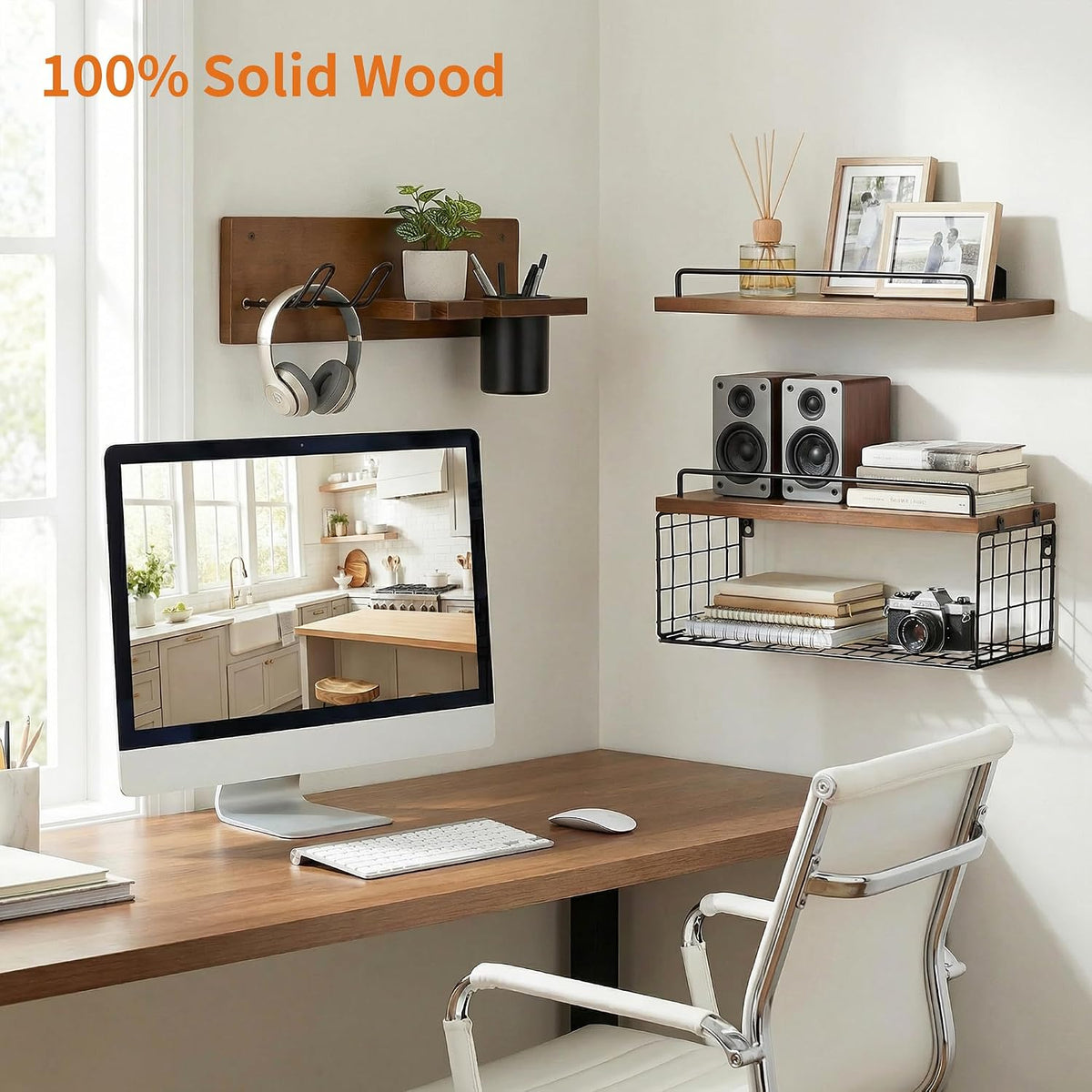 3-Tier Bathroom Floating Shelves with Hair Dryer Holder, Brown