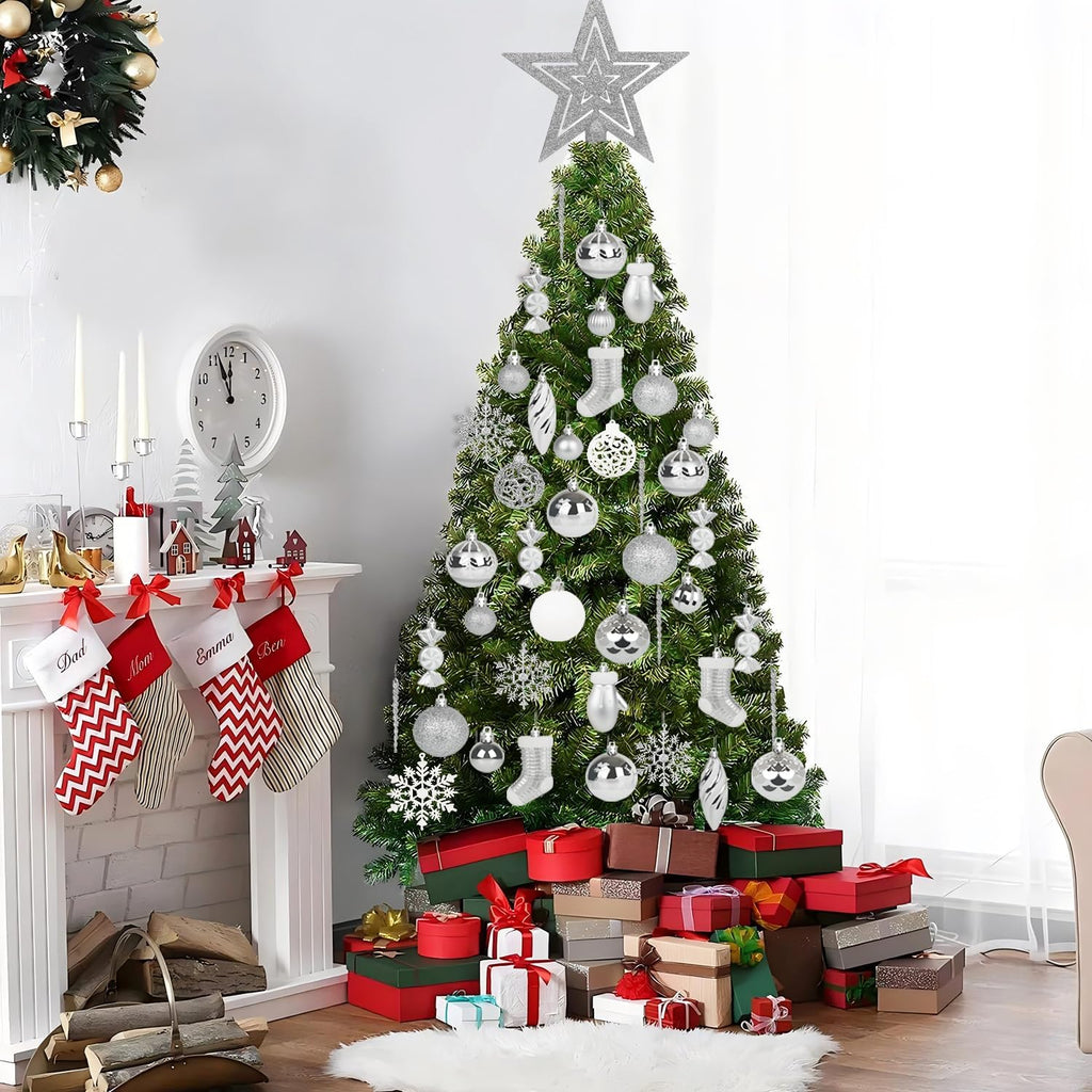 Artmag 135 Pcs Christmas Ball Ornaments Set, Pre-Tied Shatterproof Plastic Assorted Christmas Balls for Xmas Tree Hanging Decorations Festival Party Holiday Decor (Silver)