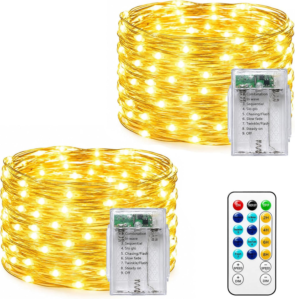 2PACK Battery Operated Fairy Lights for Bedroom: 8 Modes 16.4FT 50 LED String Lights with Timer and Remote - Mini Twinkle Light for Indoor Outdoor - Silver Wire Christmas Light for Party Wedding Room