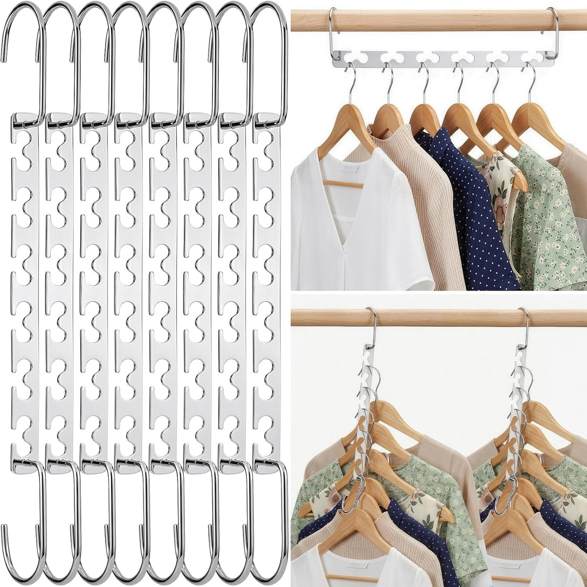 HOUSE DAY 10.5 Inch Closet Space Saving Wardrobe Clothing Magic Hangers Oragnizer Heavy Chrome Hangers, Updated Hook Design Pack of 8
