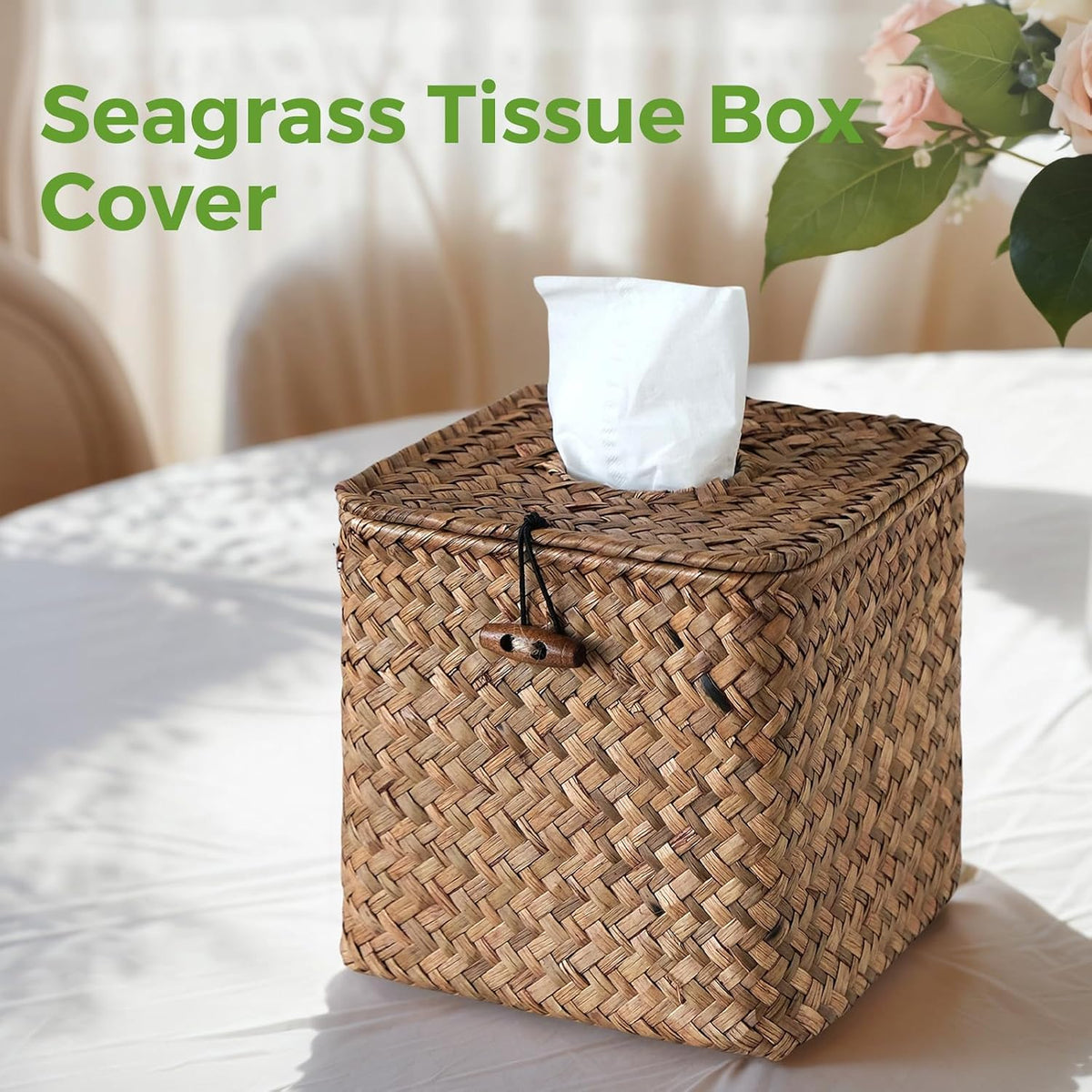 Seagrass Tissue Box Cover Square, Woven Wicker Tissue Box Holder, Brown