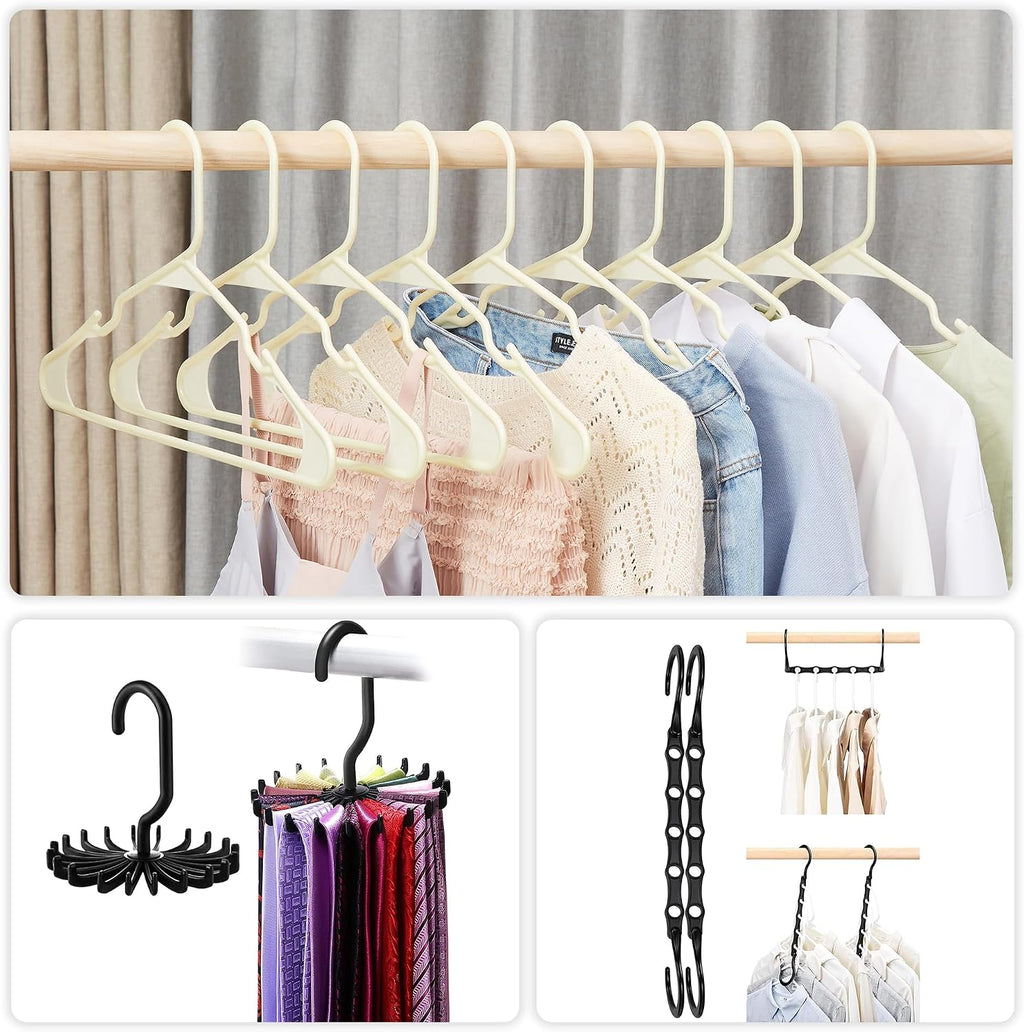 VECELO 25 Pack Plastic Hangers-Clothes Hangers Set with Shoulder Non Slip Notches for Closet Space Saving-Heavy Duty Coat Hanger,Beige
