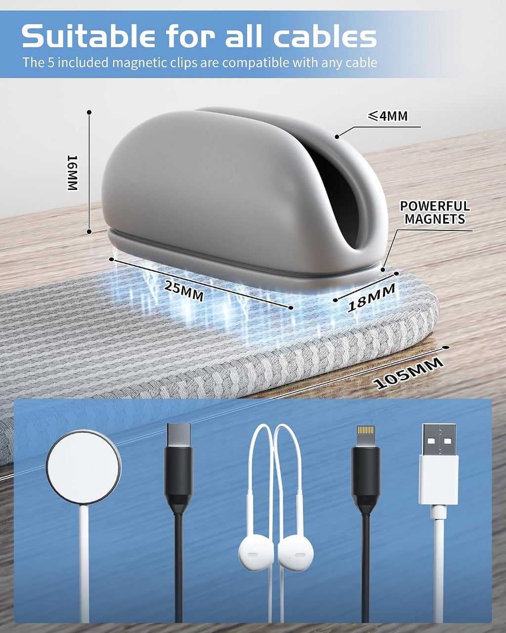 5-Pack Magnetic Cable Clips Cord Organizer - Smoothly Adjustable, Puretor Desk Cable Management Clips. Ideal Wire Holders for Desktop, Nightstand, Wall - Perfect for Home Office, Phone, Car (Grey)