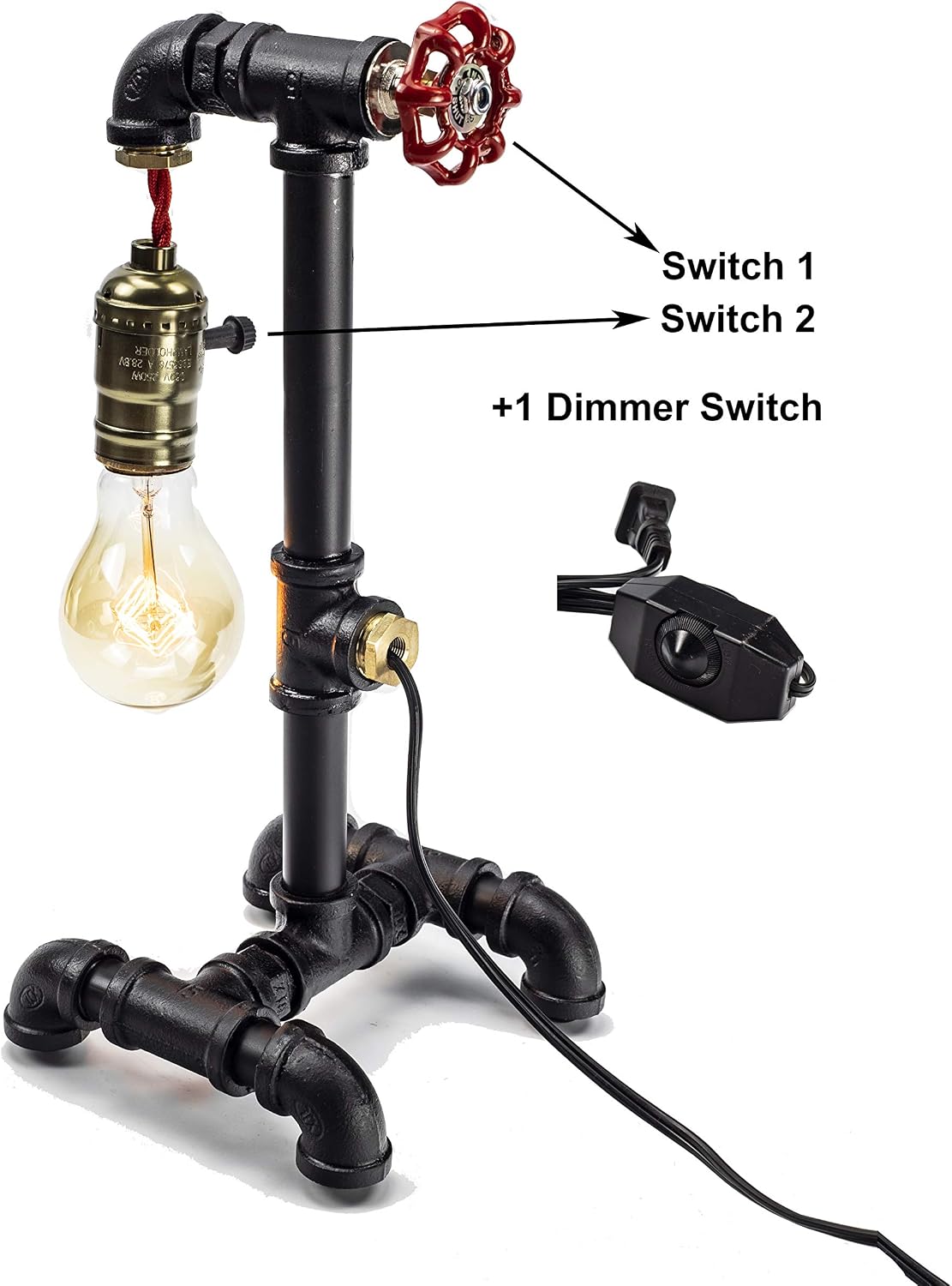Loft Style Lamp with Dimmer, Dimmable Steampunk Industrial Vintage Antique Style Light, Iron Piping Aged Rustic Metal Desk Lamp, Y-Nut "Fisherman" (Dark Black) QTF-TB01-BBLK