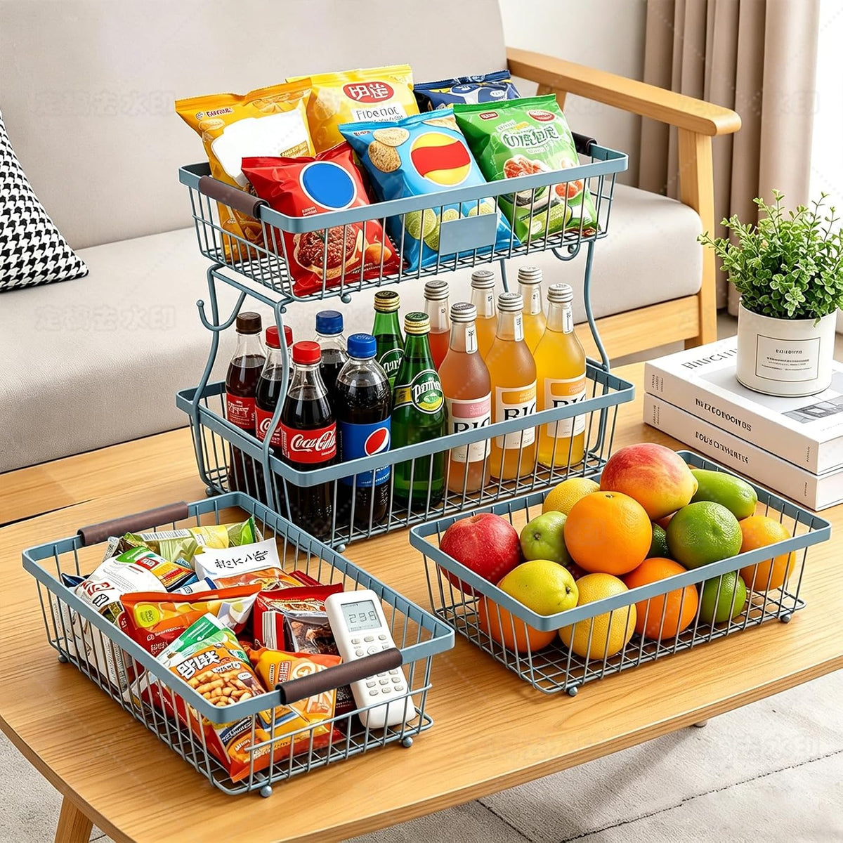 2-Tier Stackable Wire Basket with 2 Banana Hooks, Pantry Organizer for Kitchen Countertops, Cabinets & Under-Sink Spaces; Ideal for Storing Snacks, Fruits, Veggies, Onions, Potatoes, & More,Blue