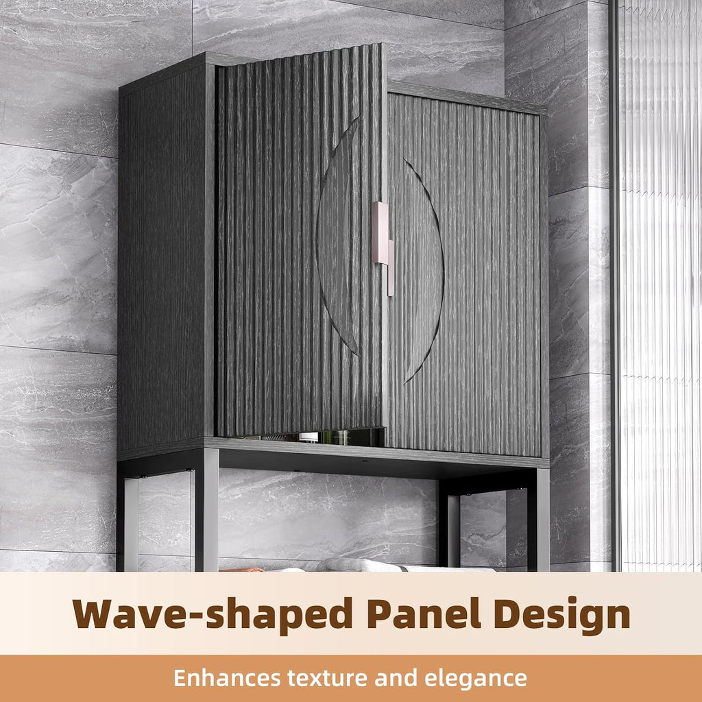 Kalrin Over The Toilet Storage Cabinet with Fluted Wave Doors and Adjustable Shelf, Wood Over Toilet Storage Rack with Drain Basket, Freestanding Bathroom Organizer for Balcony Laundry, Pure Black