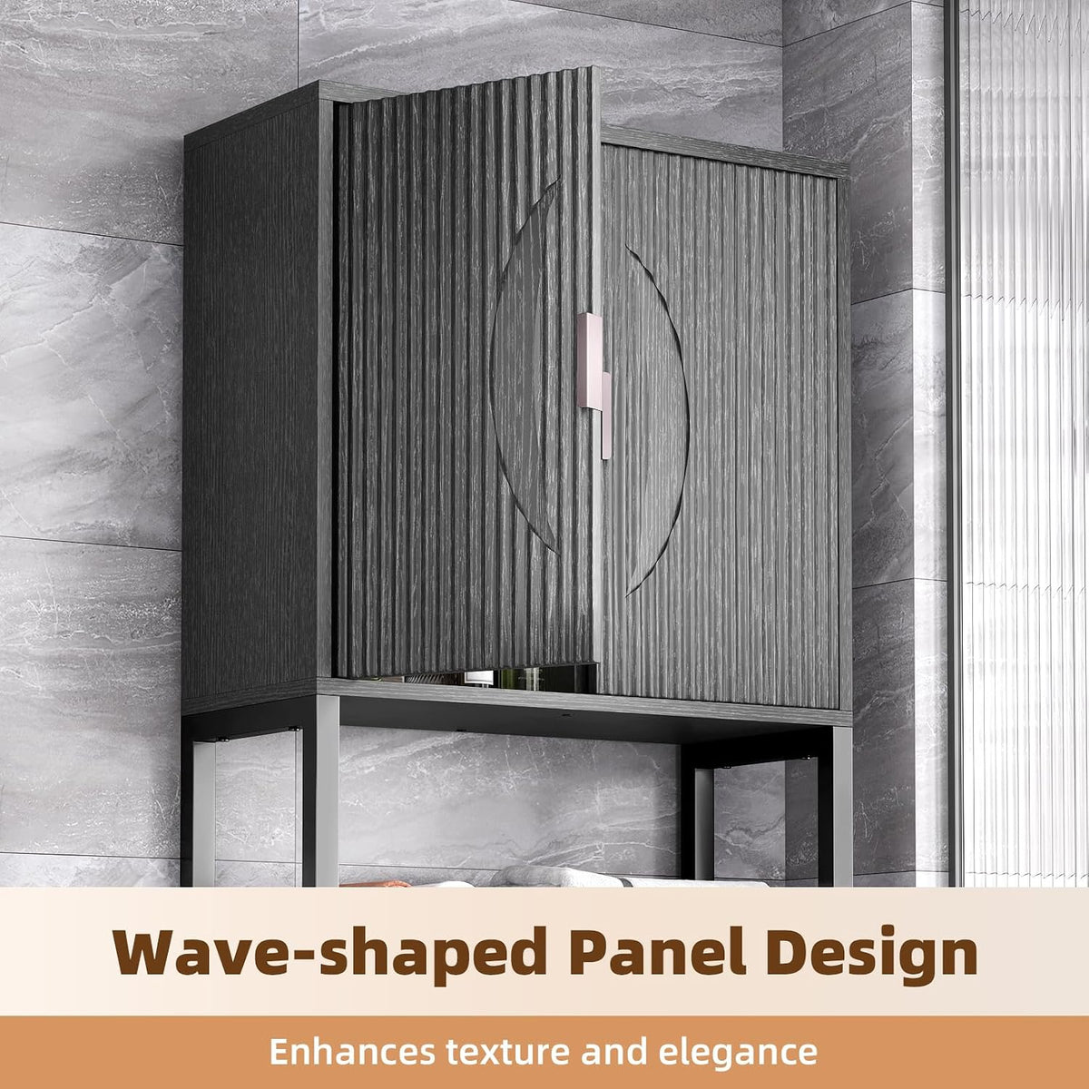 Kalrin Over The Toilet Storage Cabinet with Fluted Wave Doors and Adjustable Shelf, Wood Over Toilet Storage Rack with Drain Basket, Freestanding Bathroom Organizer for Balcony Laundry, Pure Black