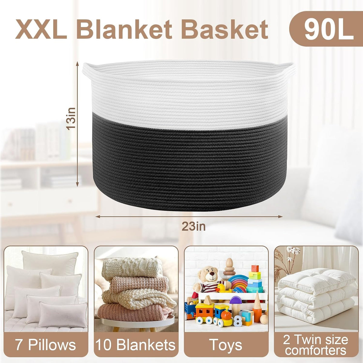 XXL Large Laundry Basket, 90L Soft Cotton Rope Basket, Blanket Storage and Organizers, Baby Nursery Laundry Hamper, Extra Large Toys Storage Bins for Kids 23'' x 13'', White & Black