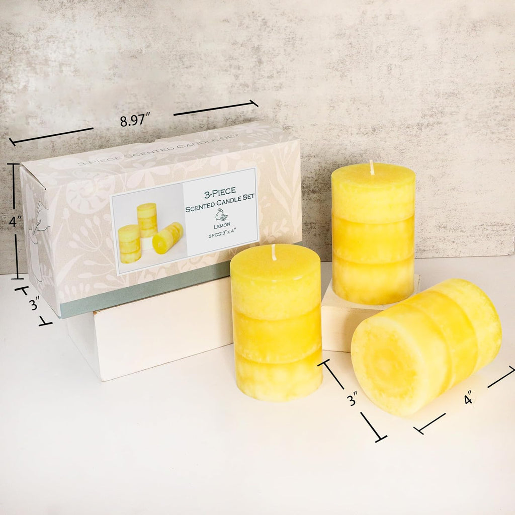 Yellow Pillar Candles 3x4 Inch Hand-Poured Lemon Scented Candles Lemongrass Fragrance Long Lasting Clean Burning Smokeless Summer Candle for Home Scent Bathroom Rustic Table Decor, Set of 3