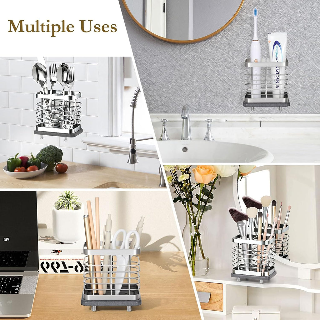 Shinowa Toothbrush Holder Wall Mounted for Bathroom 2 Slots, Silver