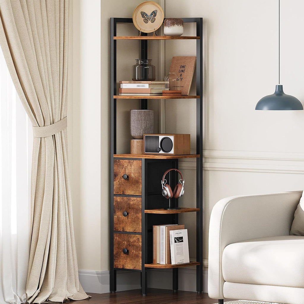 YATINEY Corner Shelf Stand, 5-Tier Corner Bookshelf with 3 Drawers, Industrial Display Shelf for Narrow Spaces, Wooden Small Bookcase, Easy Assembly, Rustic Brown and Black CJ10BR