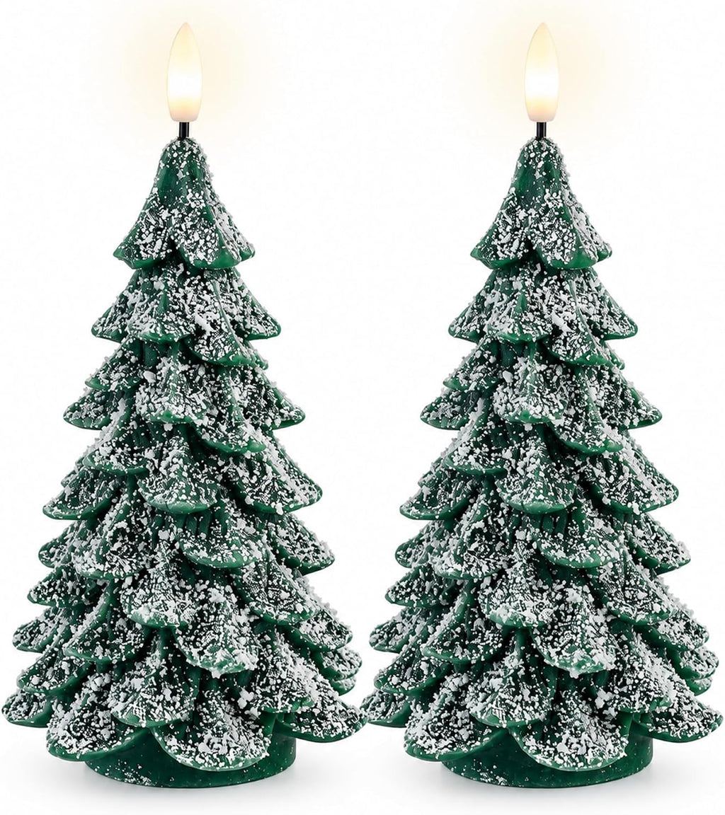 Fanna 2-Pack Real Wax Christmas Tree Shaped LED Candles with Snow Covered