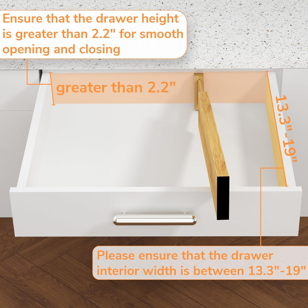BAMEOS Bamboo Expandable Drawer Dividers – Fits 13.3"–19" Drawers, 2" High, Set of 4 | Spring-Loaded Bamboo Separator for Kitchen Island, Bathroom Vanity & Dresser Drawers