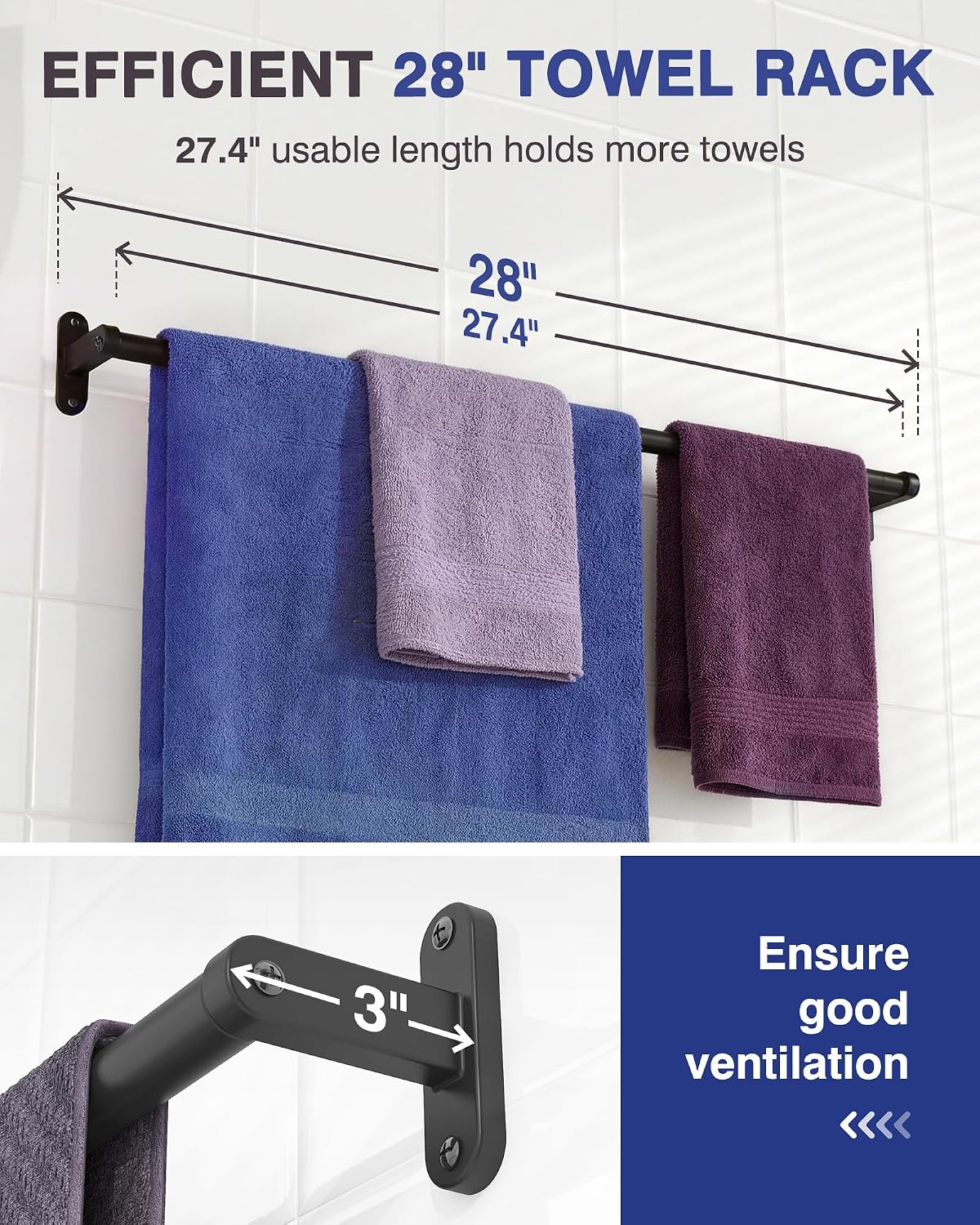 Powools Matte Black 28" Towel Rack, Rustproof Wall Mounted Towel Bar