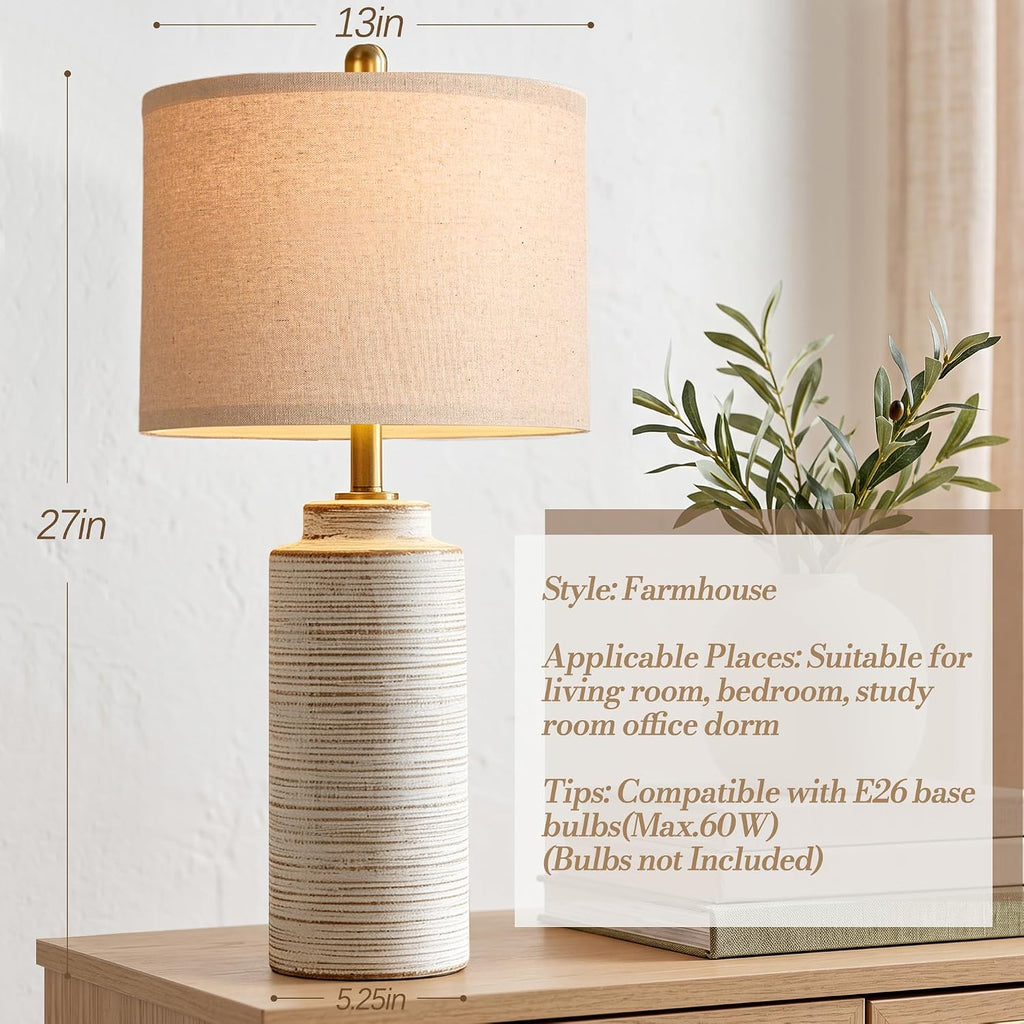 PARTPHONER 27" Vintage Ceramic Table Lamp Set of 2, Farmhouse Bedside Lamps with Ribbed Textured Finish, Rustic Nightstand Lamps for Living Room Bedroom End Tables Home Decor