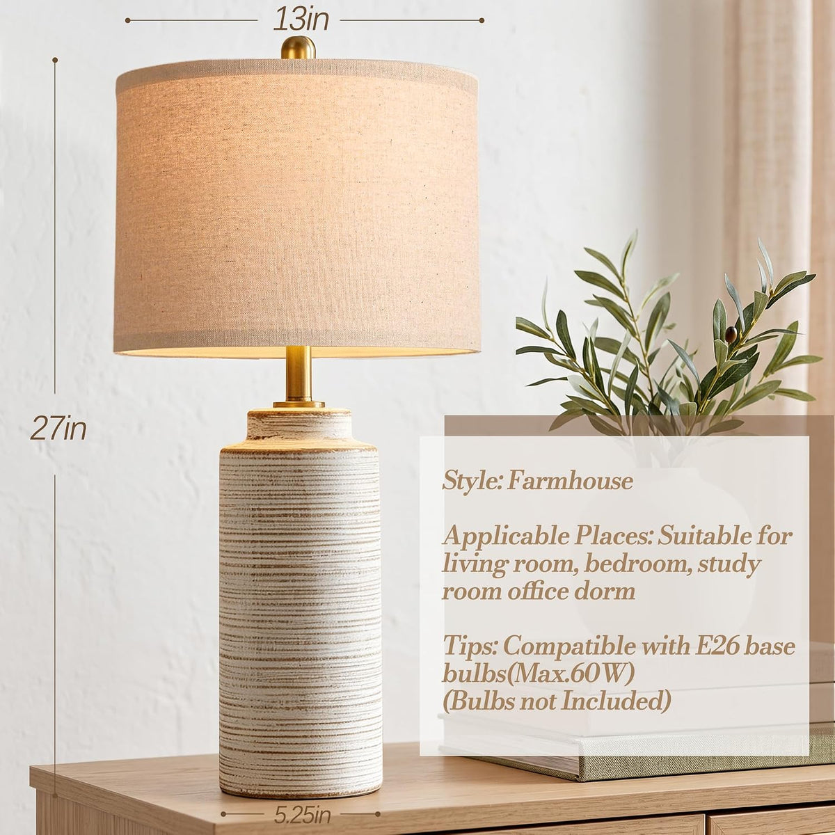 PARTPHONER 27" Vintage Ceramic Table Lamp Set of 2, Farmhouse Bedside Lamps with Ribbed Textured Finish, Rustic Nightstand Lamps for Living Room Bedroom End Tables Home Decor