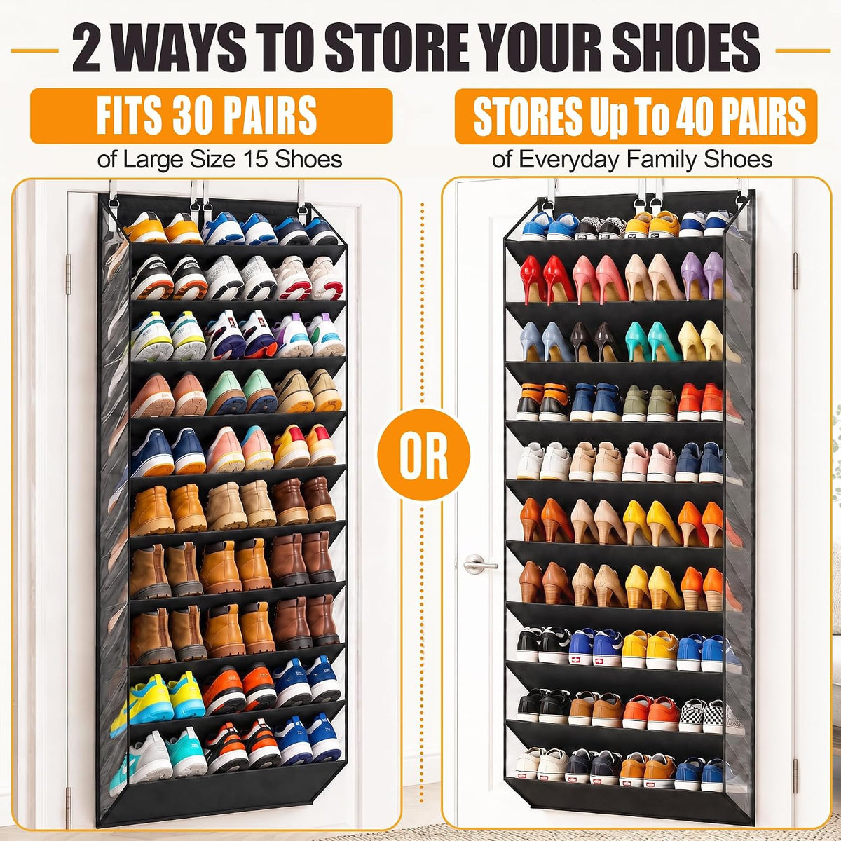 UVIAHOMI 30-40 Pairs Over the Door Shoe Organizer, 10 Tiers Fit Tall Boots