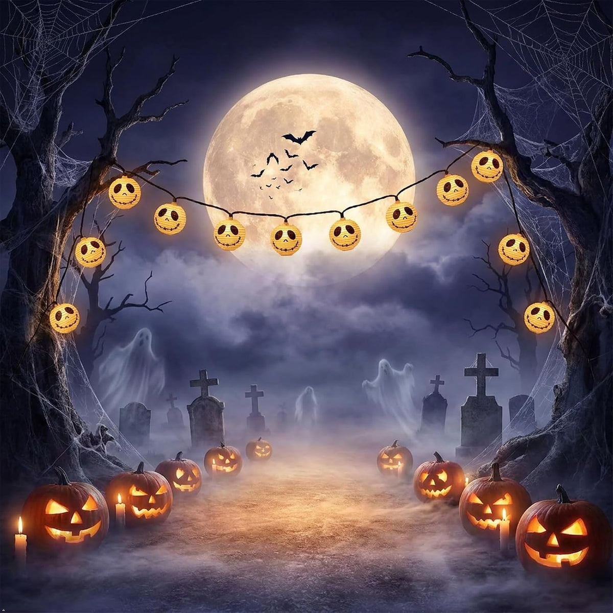 Brillarlights Halloween Decorations Ghost Lantern String Lights Plug in, 10 Pack White Ghost Lights with Black Cord, Halloween Spooky Lights Outdoor for Porch,Garden,Mantel Decor