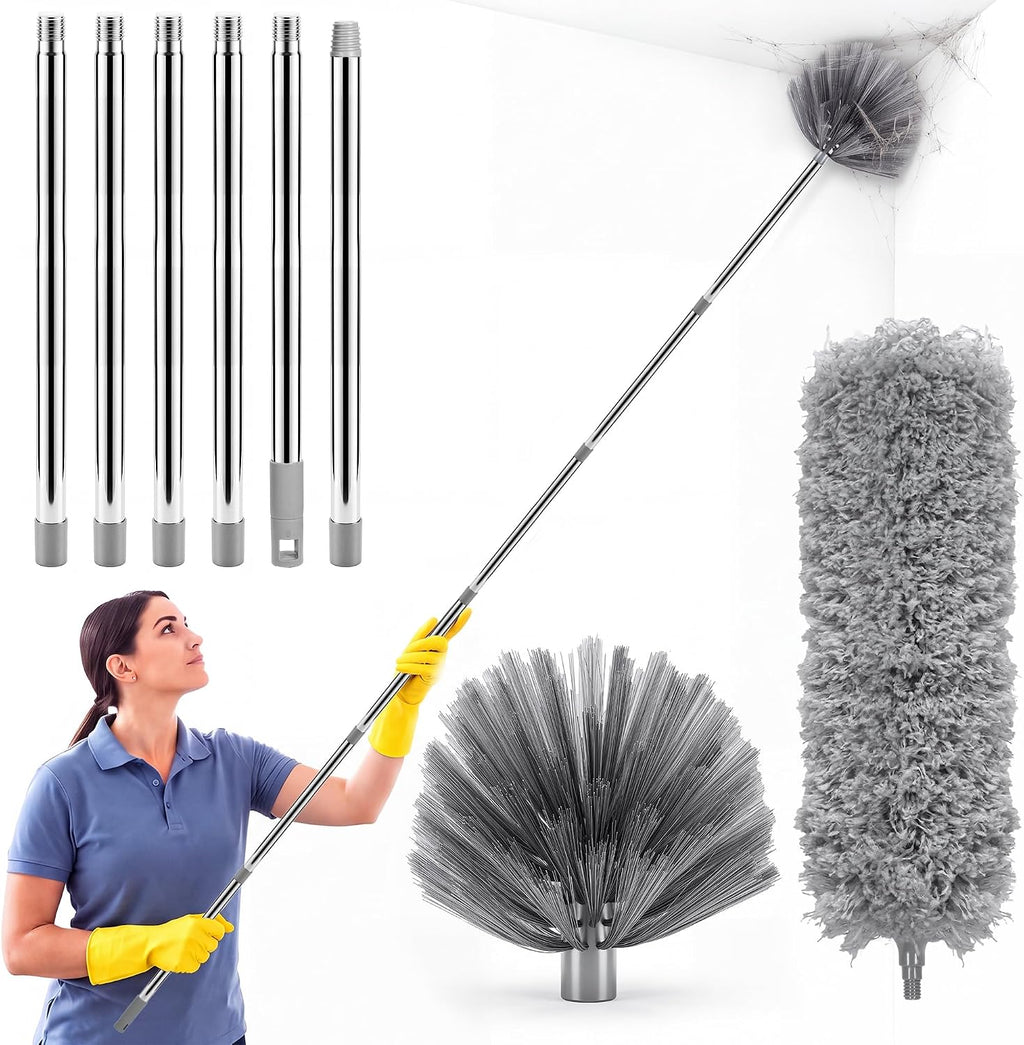 8FT Cobweb Duster, Ceiling Fan, Extension Pole, 2 Brush Heads