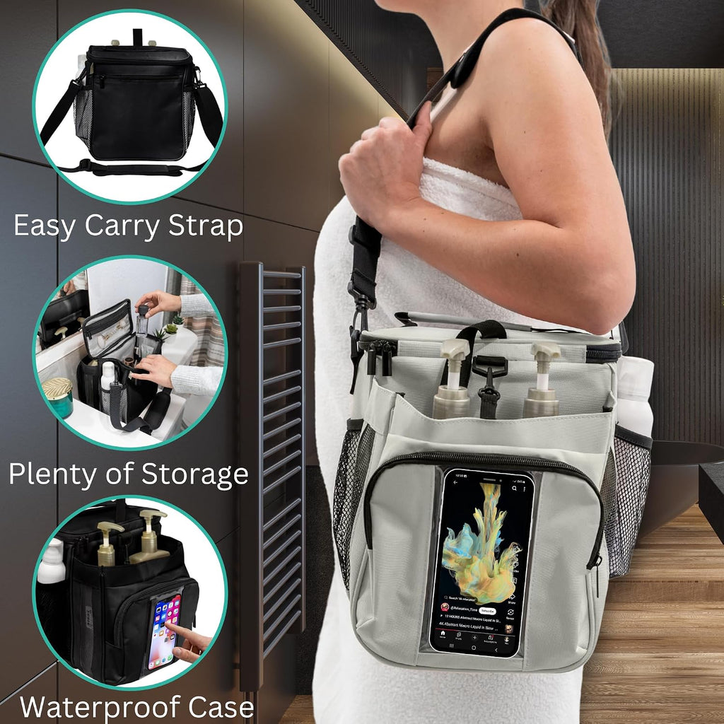TERRA HOME Portable Shower Caddy Bag- Large Capacity, Quick Dry with Metal Hook - Hanging Shower Bag - Breathable Mesh Toiletry Shower Tote for Gym and College Dorm (Grey, Extra Large)