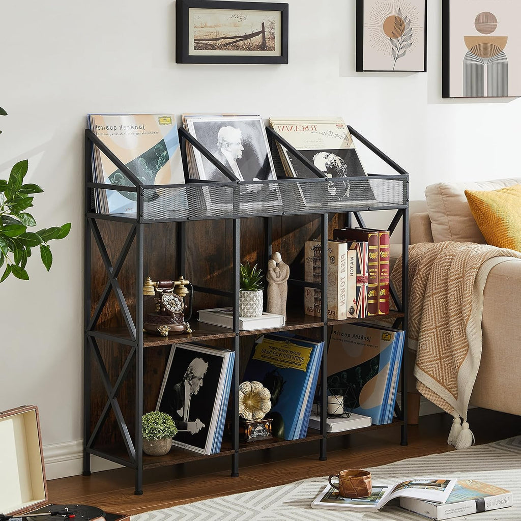 EYOCAL 9 Grids Vinyl Record Storage Holder Rack， Wooden Record Display Table for Magazines Files Albums Books for Living Room Bedroom Patent Pending