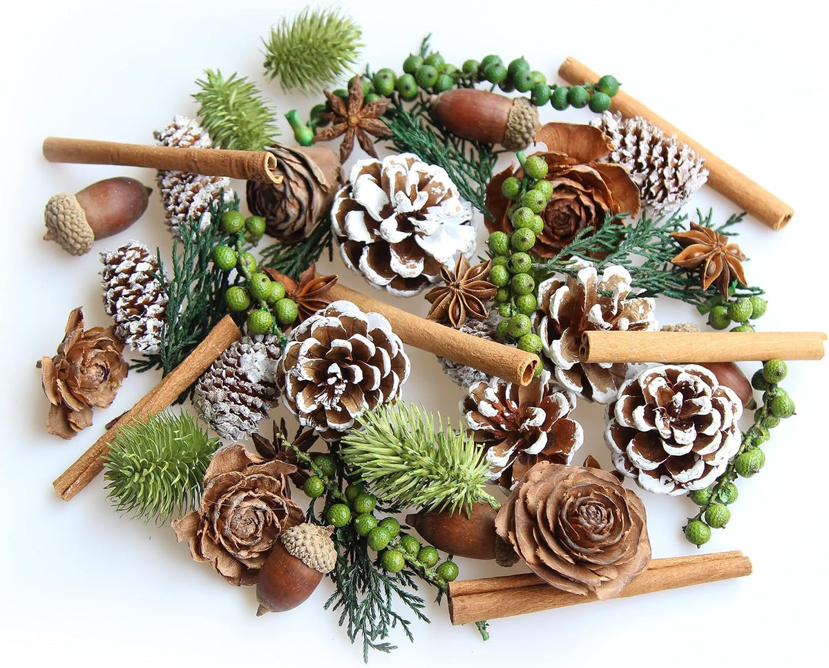 DIY Natural Dried Flower Kit - Bulk Dried Plants, Pine Cones, Scented Lemon Slices, Cinnamon Sticks Wood Roses & Mini Pinecones for Home Décor, Christmas Decoration (Green)