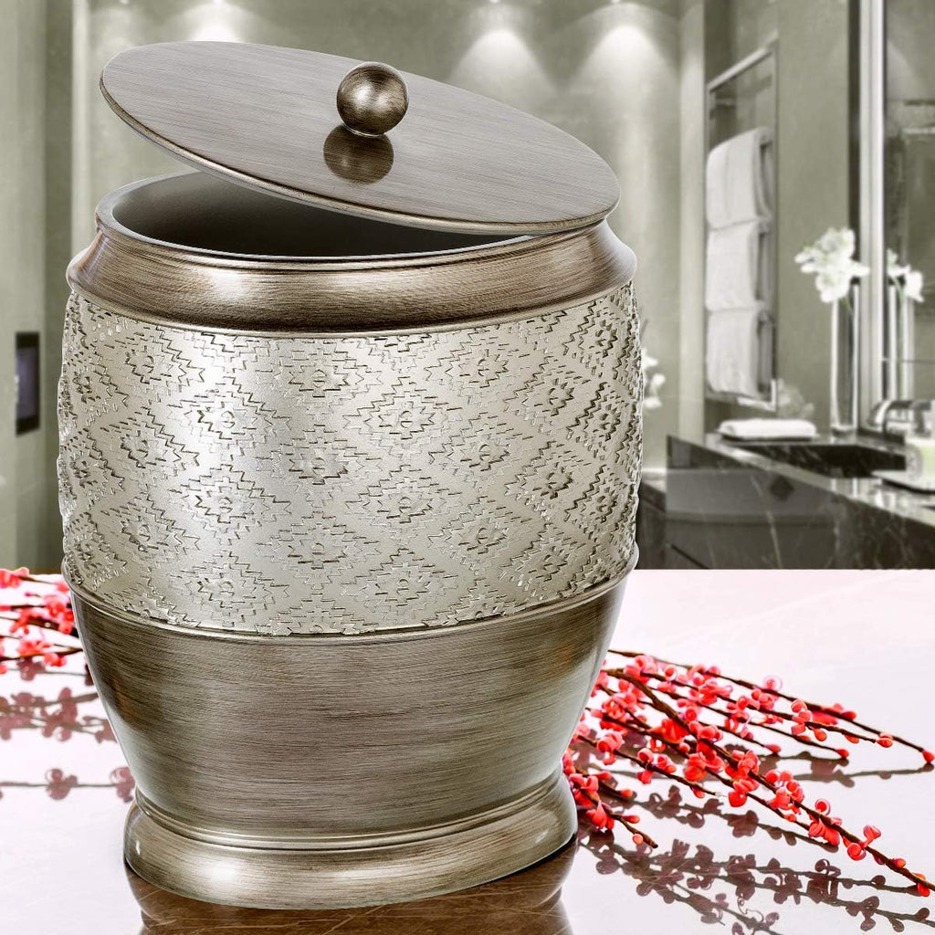 Creative Scents Dublin Silver Small Bathroom Trash Can with Lid 1.26 Gal / 4.8L - Brushed Silver Oval Garbage Can - Decorative Waste Basket for Bathroom Decor - Durable Wastebasket for Paper/Diaper