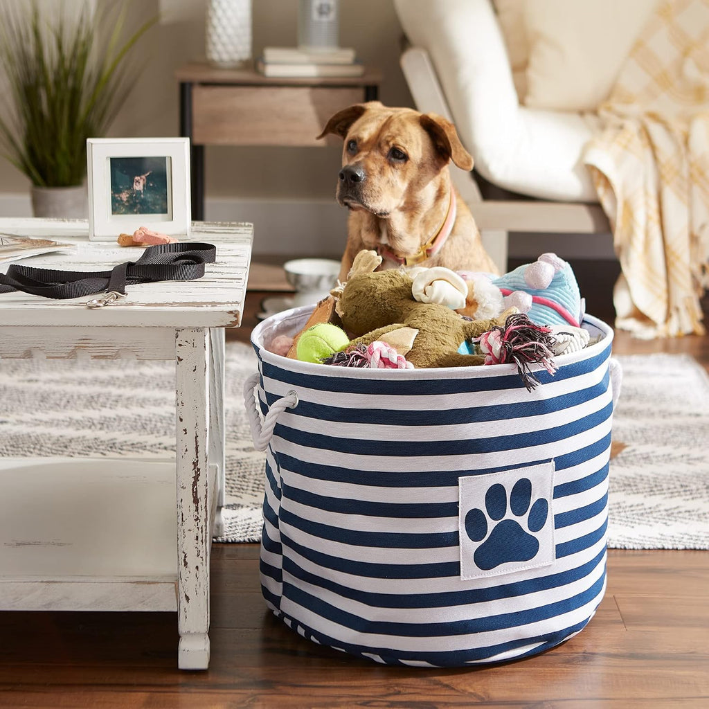 Bone Dry Dog Toy Basket, Round Navy Large, Collapsible