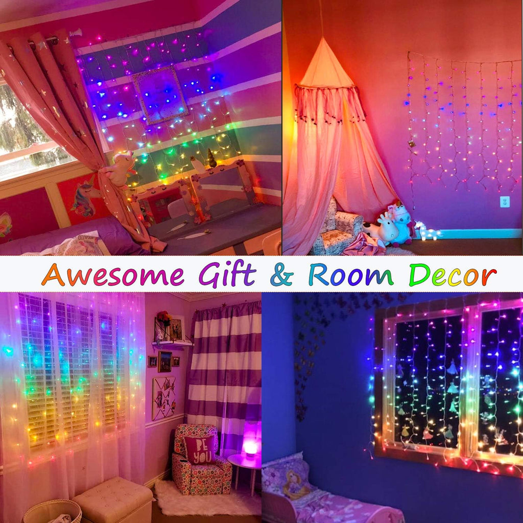 Rainbow Fairy String Curtain Lights with Remote, Twinkle LED Ombre Light Curtain for Girls Room, Kid's Bedroom, Teen Room, Unicorn Theme, Party, Independence Day Décor Gift (Rainbow)