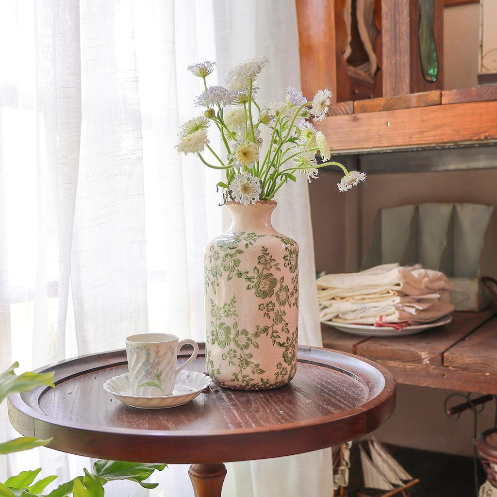 8" Retro Crackle Glaze Ceramic Vase Rustic Green Vases Decorative Vases Farmhouse Home Decor Vase Chinoiserie Vintage Flower Vases (Green, 8 Inches)