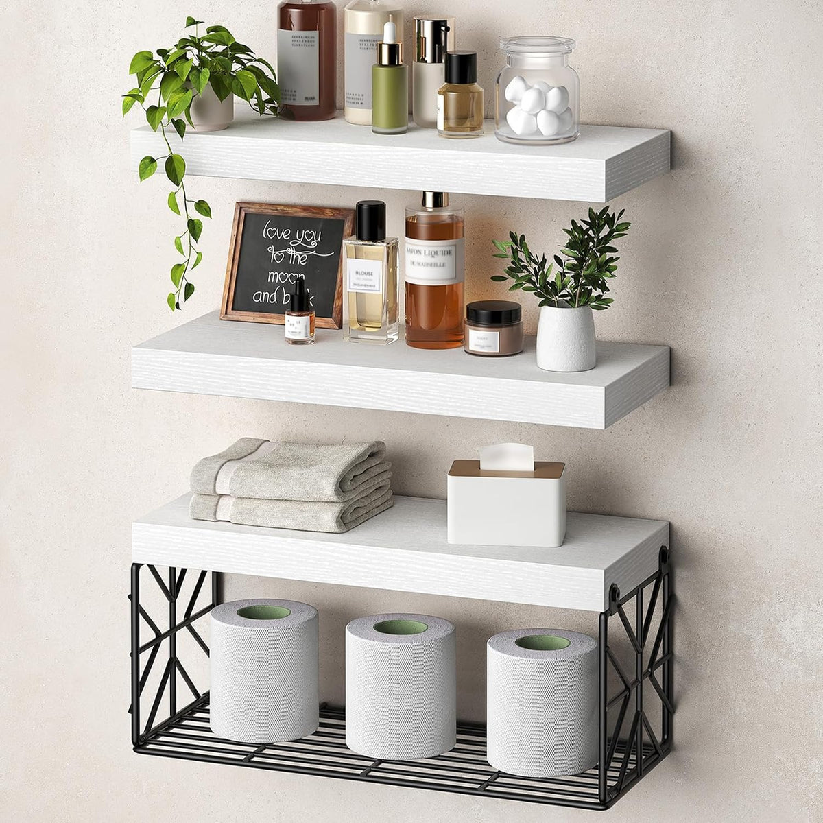 RALGEND Bathroom Shelves Over Toilet Set of 3, 15.7" White Floating Shelves for Wall Storage, 1.5" Thick Hanging Shelf, Farmhouse Wall Decor for Bathroom Living Room, Kitchen, White 4001BJWT