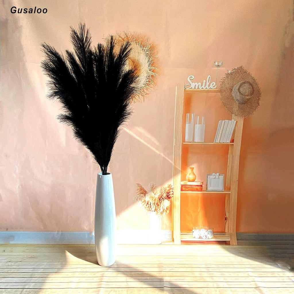 6 Pcs Artificial Pampas Grass Large, 47"/120cm Fake Faux Artificial Pampas Grass Decor Tall Stems, Fluffy Pompous Pompass Branch Floor Vase Filler for Home Kitchen Decor Boho Decor Wedding-Black