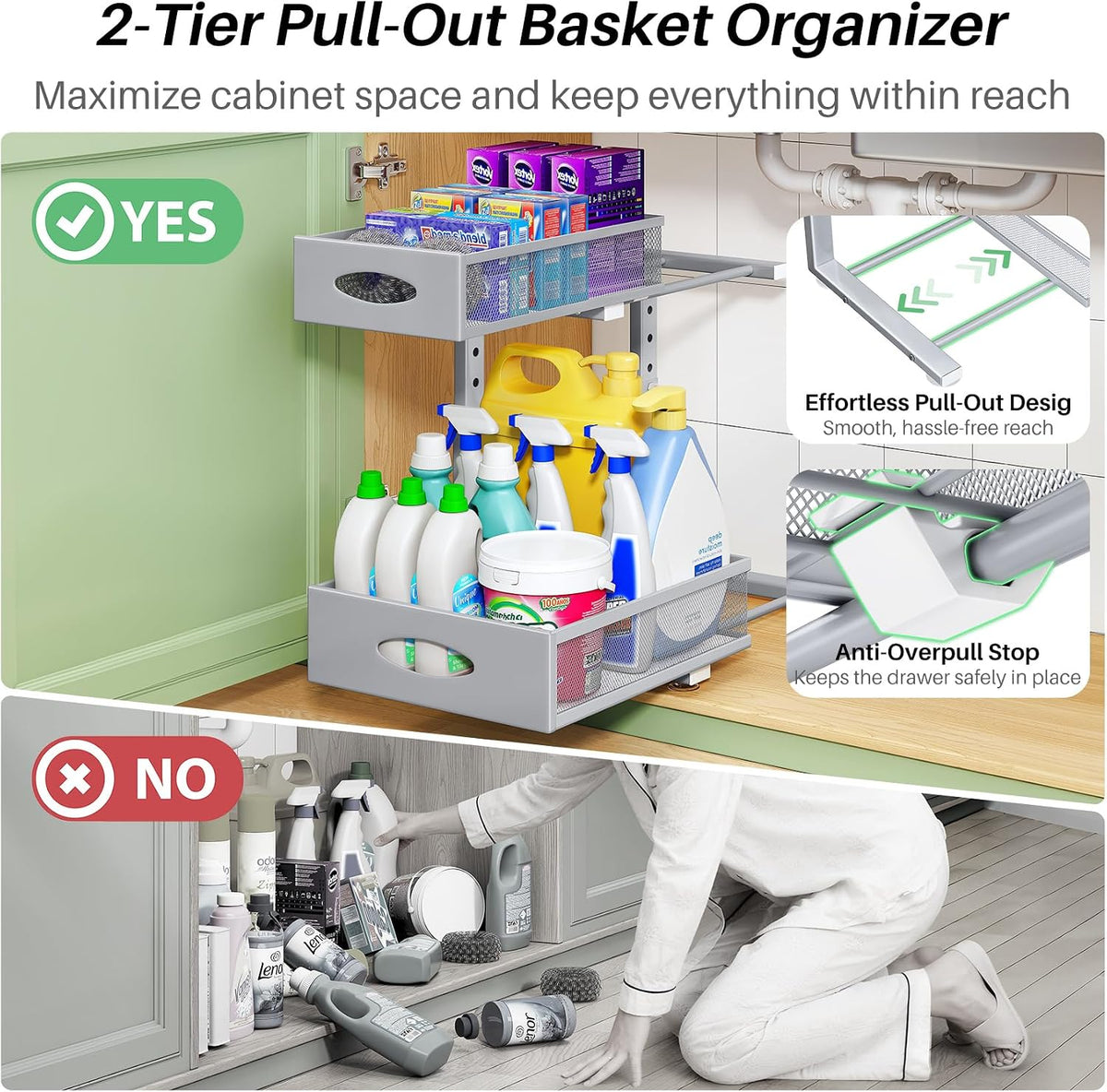 Under Sink Organizer, 2-Pack Pull Out Cabinet Organizer 2 Tier Metal Slide Out Storage Shelf Rack, L-Shaped Adjustable Height,Mesh Sliding Drawer for Kitchen, Bathroom, Laundry, Pantry, Grey, XL