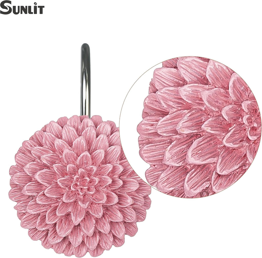 Sunlit Decorative Floral Shower Curtain Hooks, Dahlia Pinnata Flower Shower Curtain Rings, Resin, Bathroom Decoration Pink Shower Curtain Hooks-12 Pack