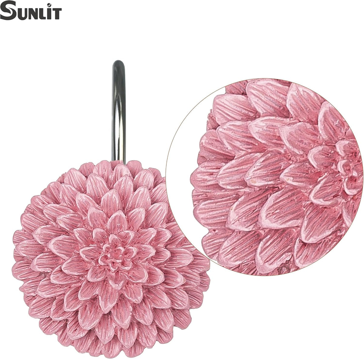 Sunlit Decorative Floral Shower Curtain Hooks, Dahlia Pinnata Flower Shower Curtain Rings, Resin, Bathroom Decoration Pink Shower Curtain Hooks-12 Pack