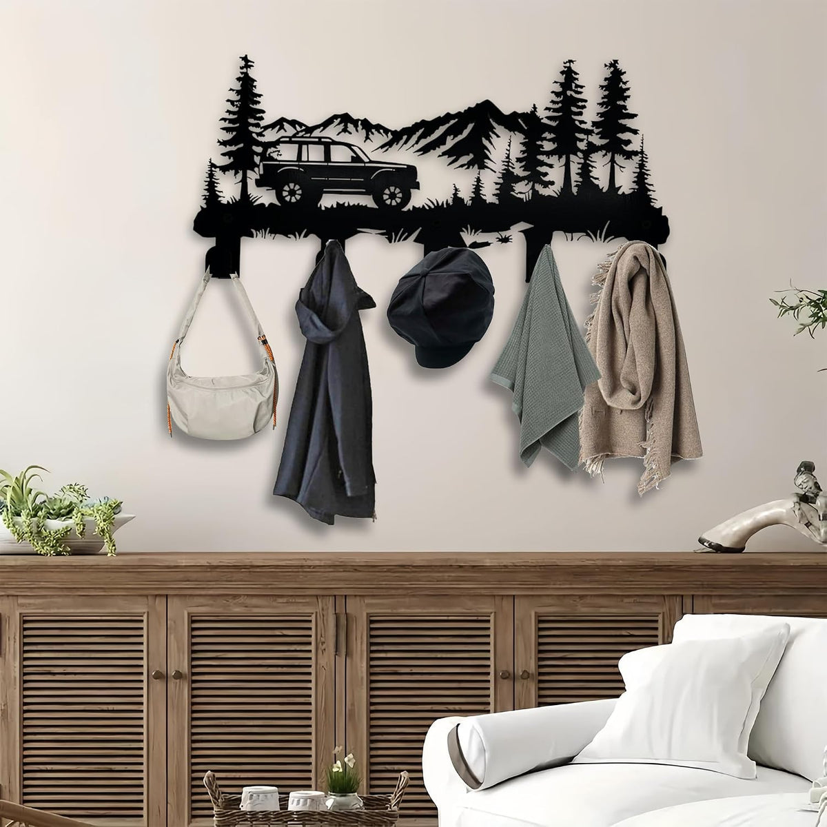 Metal Car Coat Hooks and Key Holder, Mountain Design Wall Art Decor with 5 Hooks, Clothes Hat Rack, and Backpack Hanger, Storage Decor for Living Room, Hallway, Office, Kitchen, Entryway, and Bedroom
